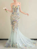Mint Green Strapless Floral Embellished Mermaid Evening Gown