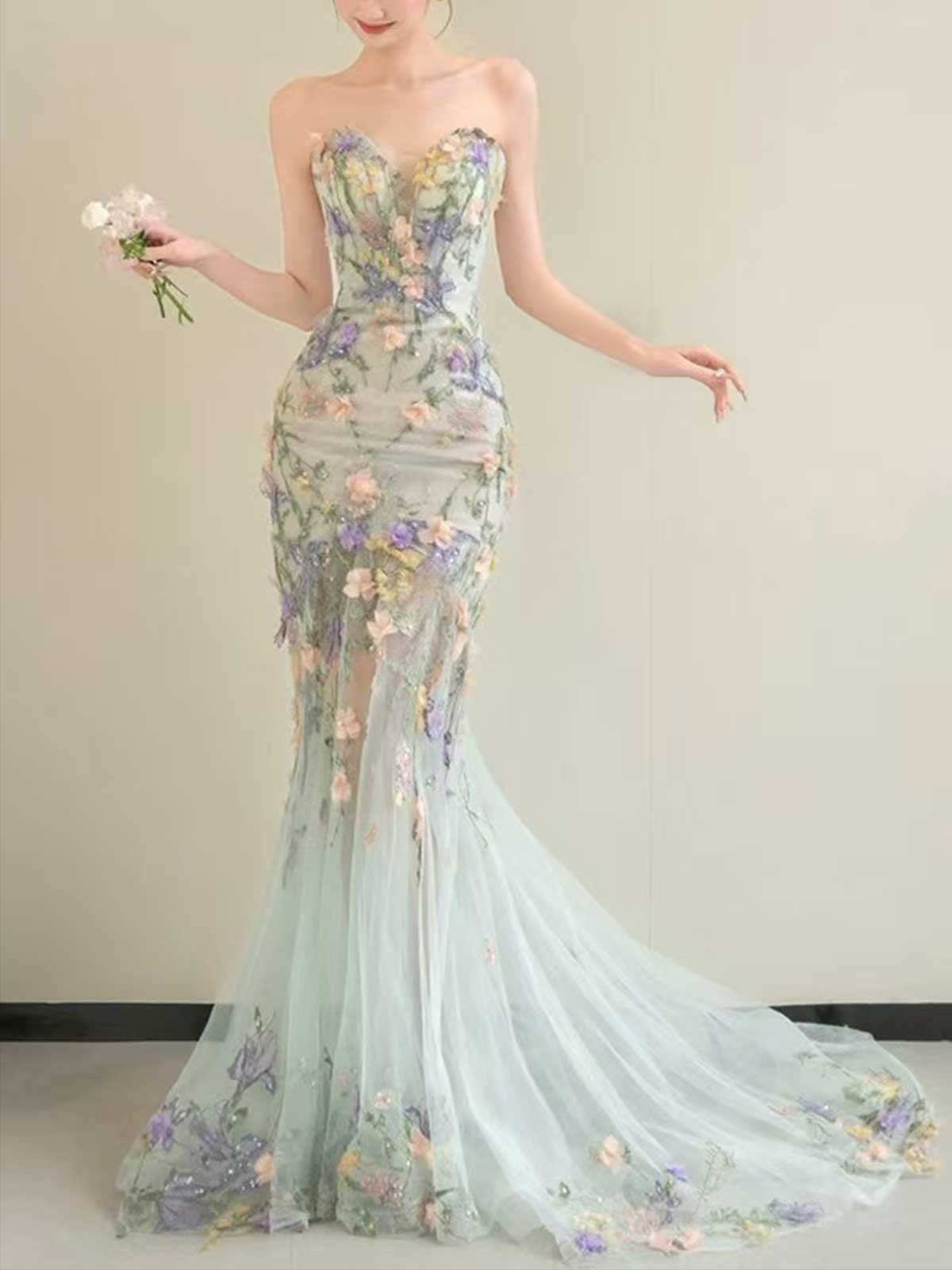 Mint Green Strapless Floral Embellished Mermaid Evening Gown