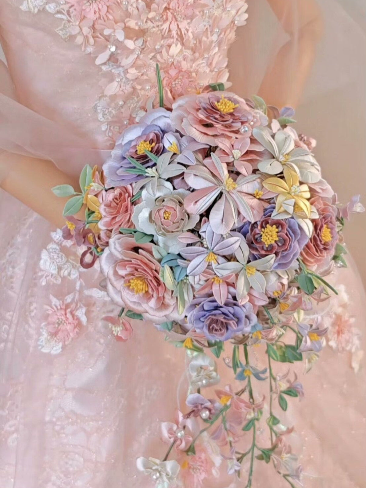 Handmade Silk Cascading Bridal Bouquet – Pink Lavender Wedding Flowers