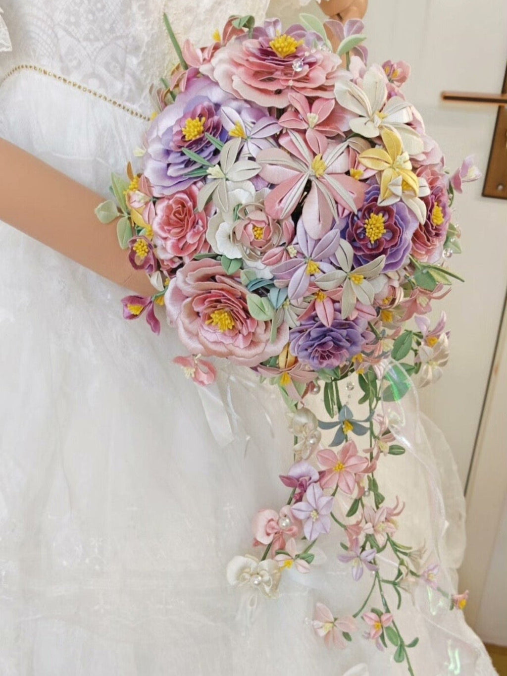 Handmade Silk Cascading Bridal Bouquet – Pink Lavender Wedding Flowers