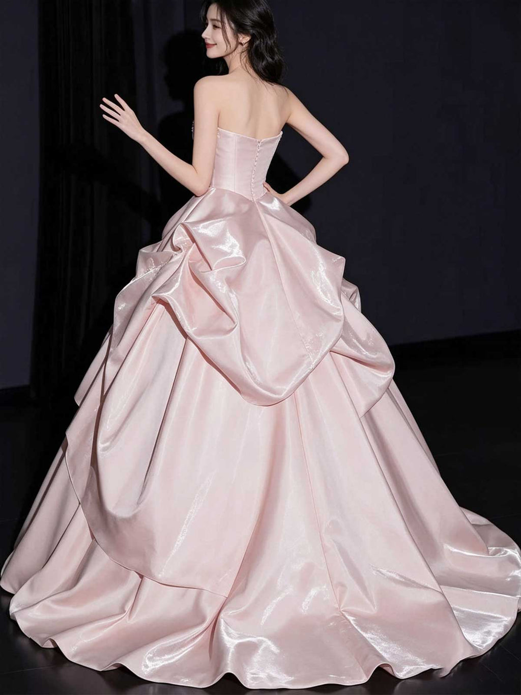 Light Pink Strapless Satin Ball Gown with Layered Skirt