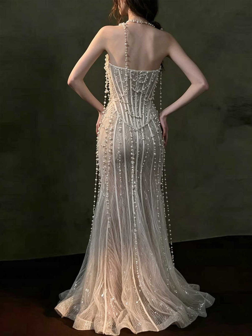 Pearl Beaded Fringe Strapless Sheath Mermaid Evening Gown