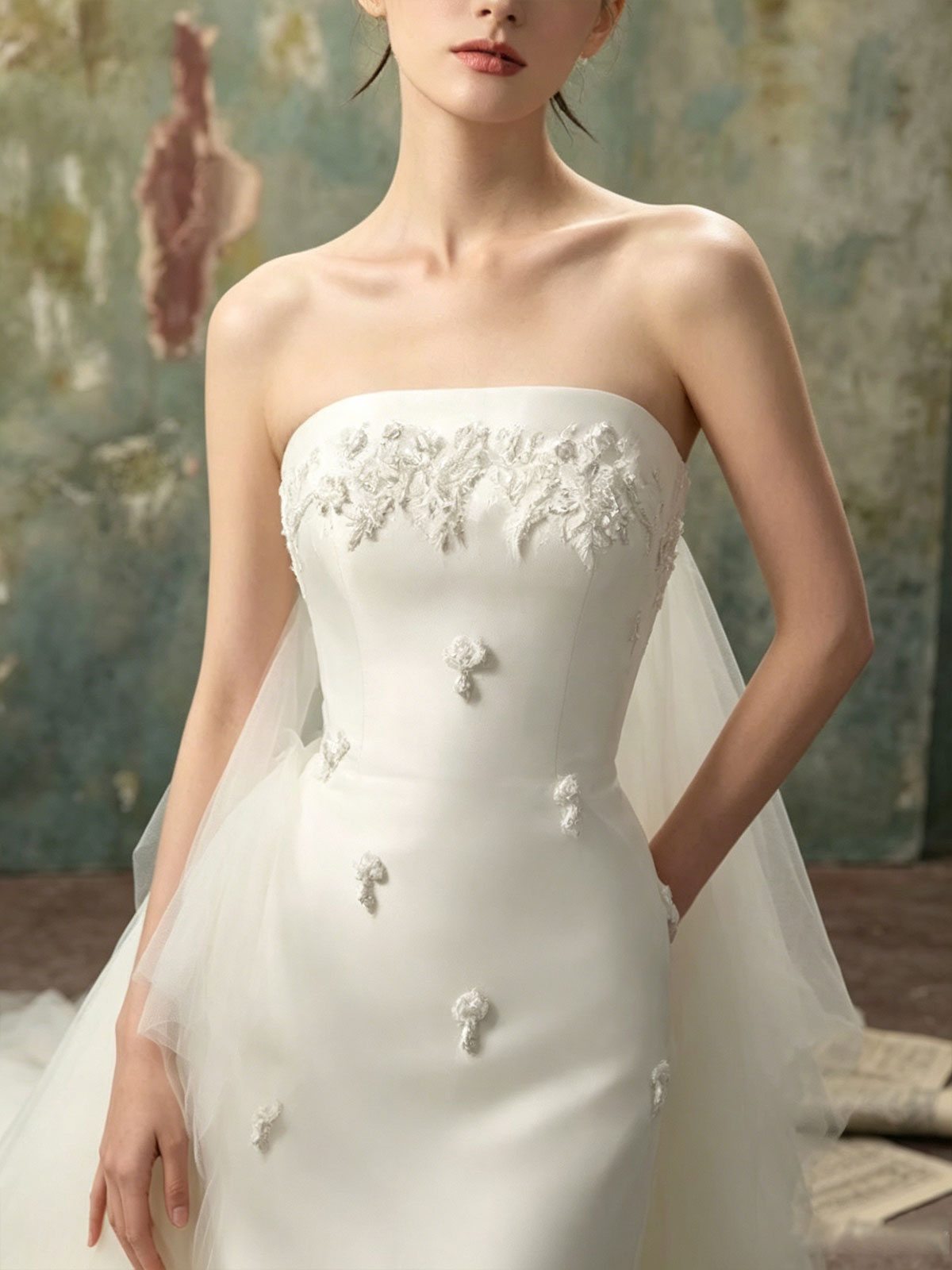 Strapless Satin 3D Floral Side Tulle Mermaid Train Wedding Gown