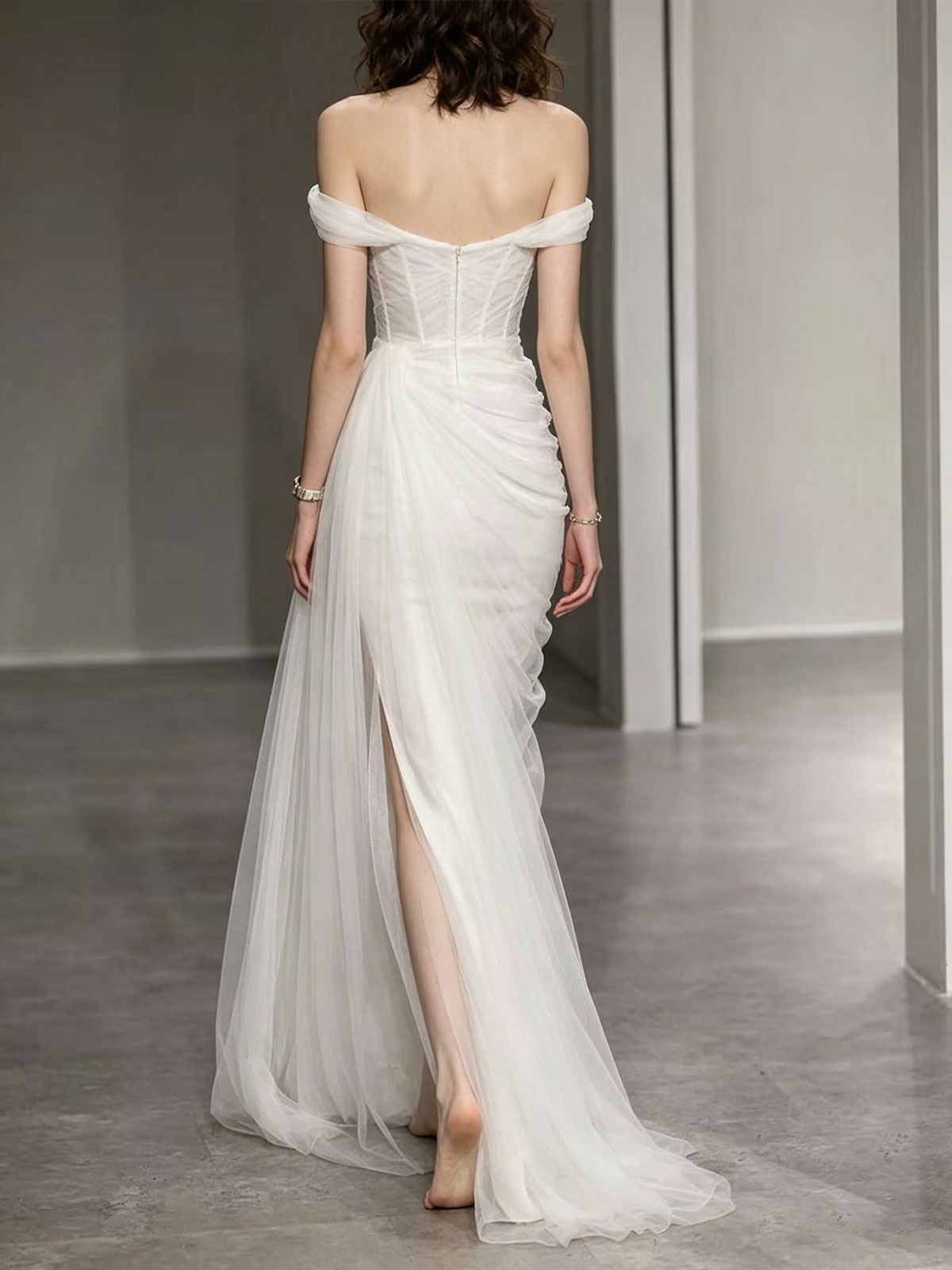 Ivory Off-the-Shoulder Tulle Wedding Dress with Draped Skirt & Slit