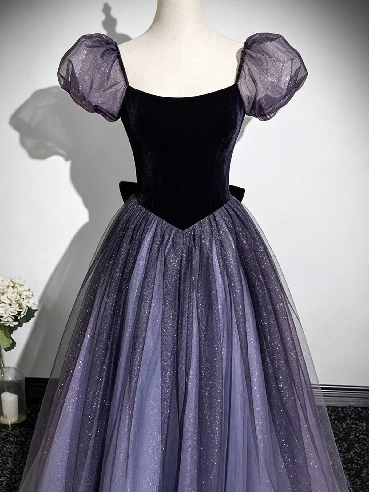 Black Velvet & Purple Tulle Puff Sleeve Ball Gown with Sparkle Skirt