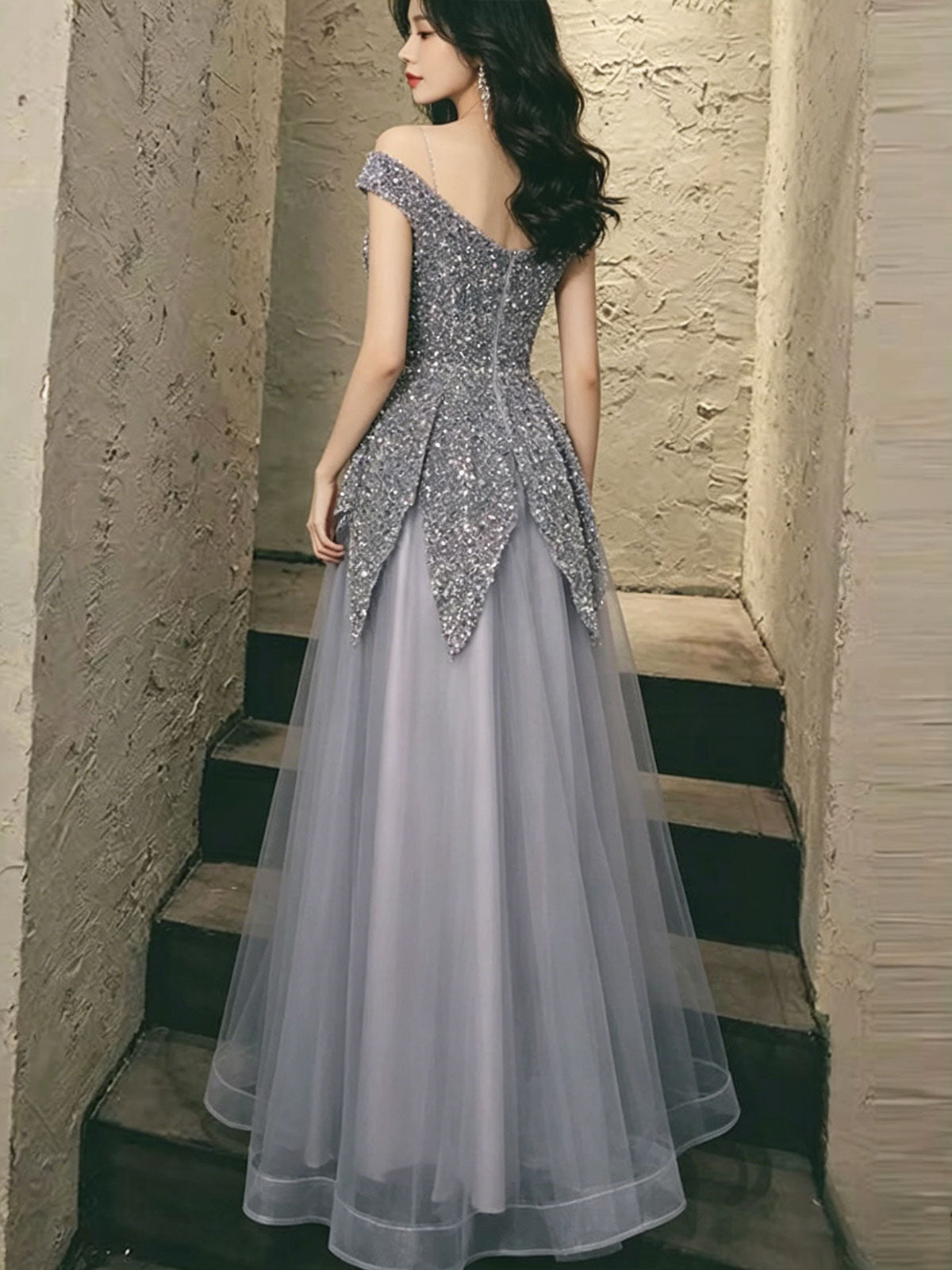 Off Shoulder Glitter Sequin Peplum Grey Tulle Formal Evening Dress