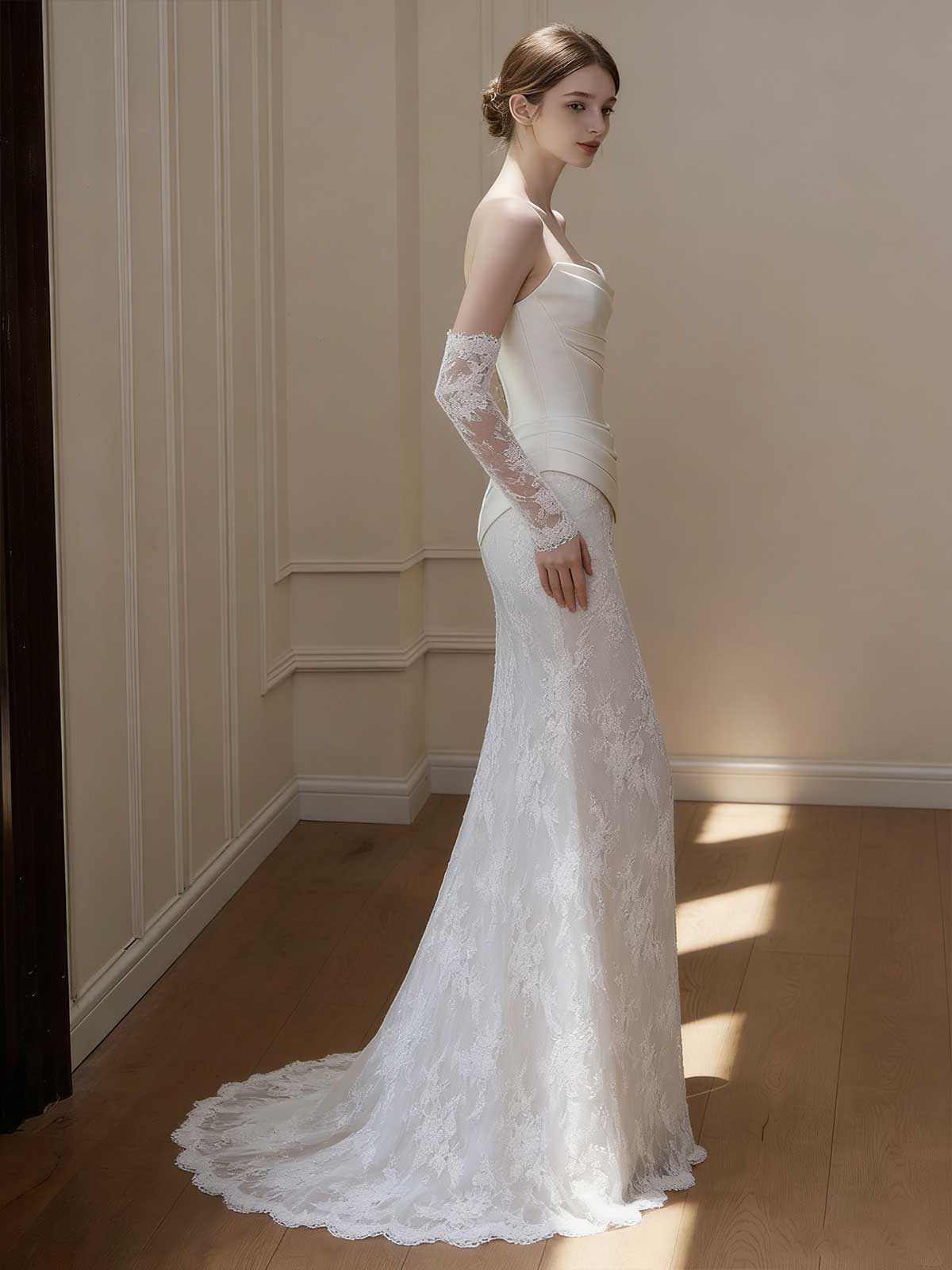 Strapless Satin Lace Mermaid Wedding Dress with Lace Gloves