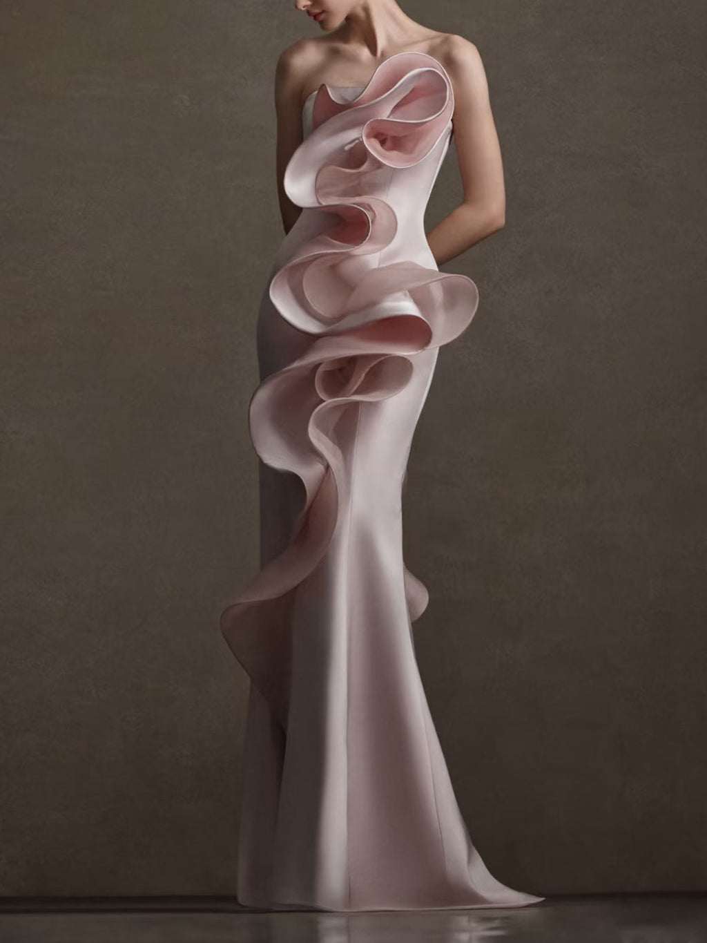 Dusty Pink Strapless Mermaid Gown with 3D Organ Ruffles & Side Draping