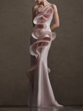 Dusty Pink Strapless Mermaid Gown with 3D Organ Ruffles & Side Draping