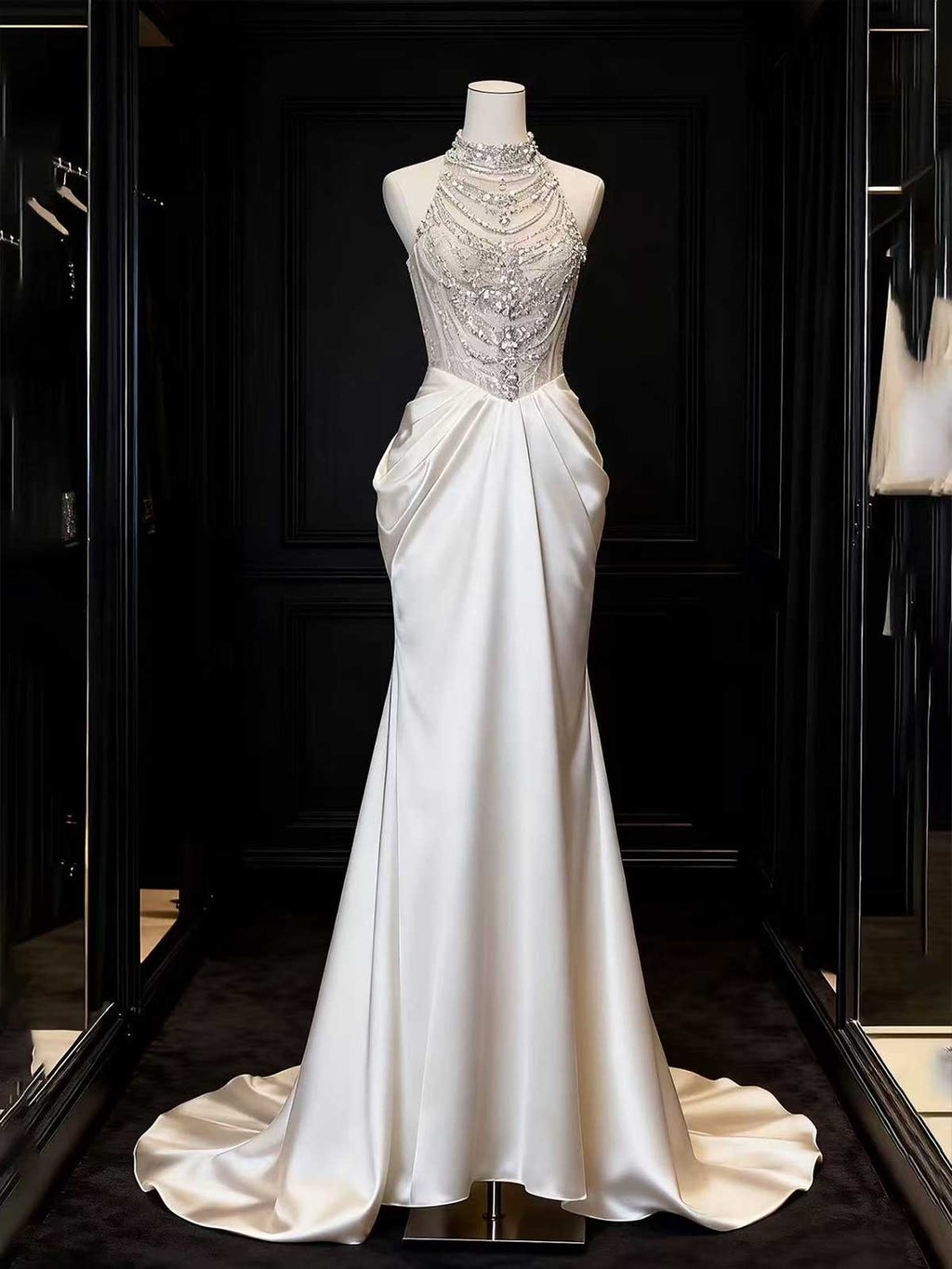Glamorous Halter Neck Beaded Satin Mermaid Wedding Gown with Train