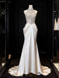 Glamorous Halter Neck Beaded Satin Mermaid Wedding Gown with Train