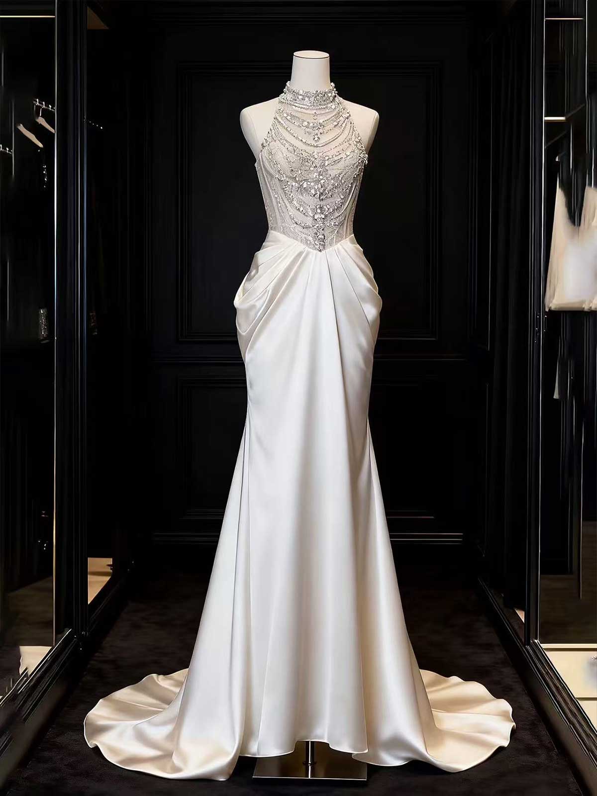 Glamorous Halter Neck Beaded Satin Mermaid Wedding Gown with Train