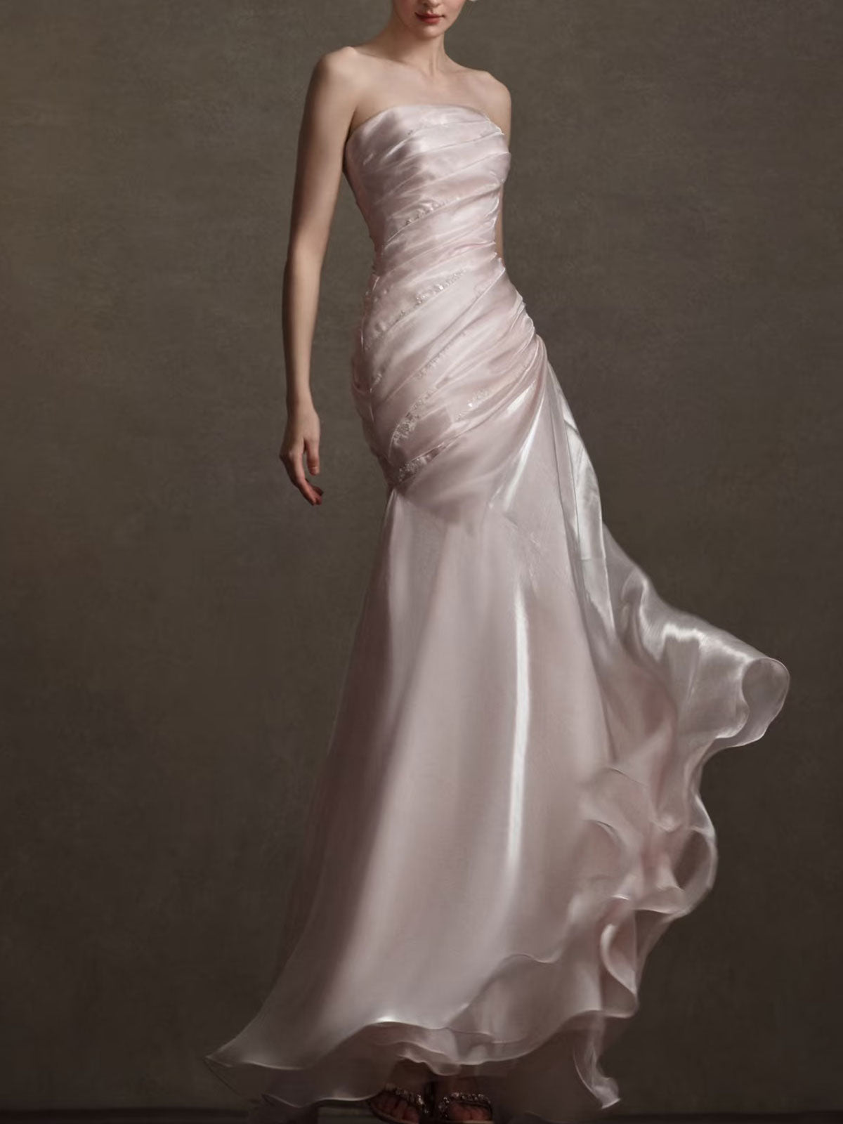Blush Pink Strapless Mermaid Gown with Ruched Bodice & Beaded Accents