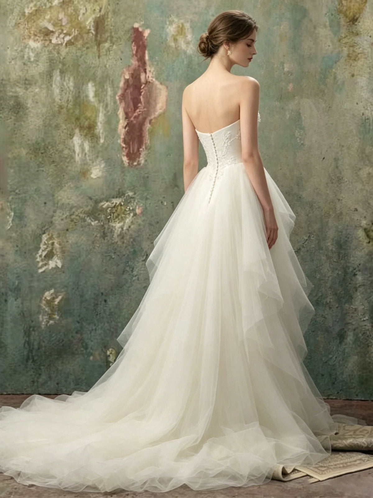 Strapless Satin 3D Floral Side Tulle Mermaid Train Wedding Gown