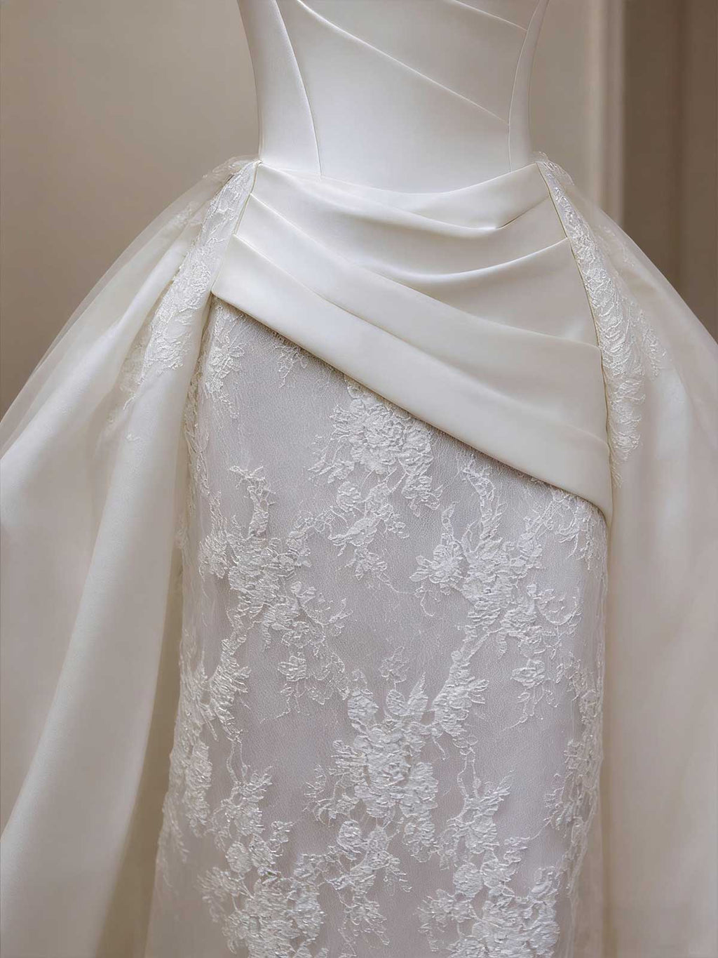 Detachable Train Satin Lace Mermaid Wedding Dress with Overskirt