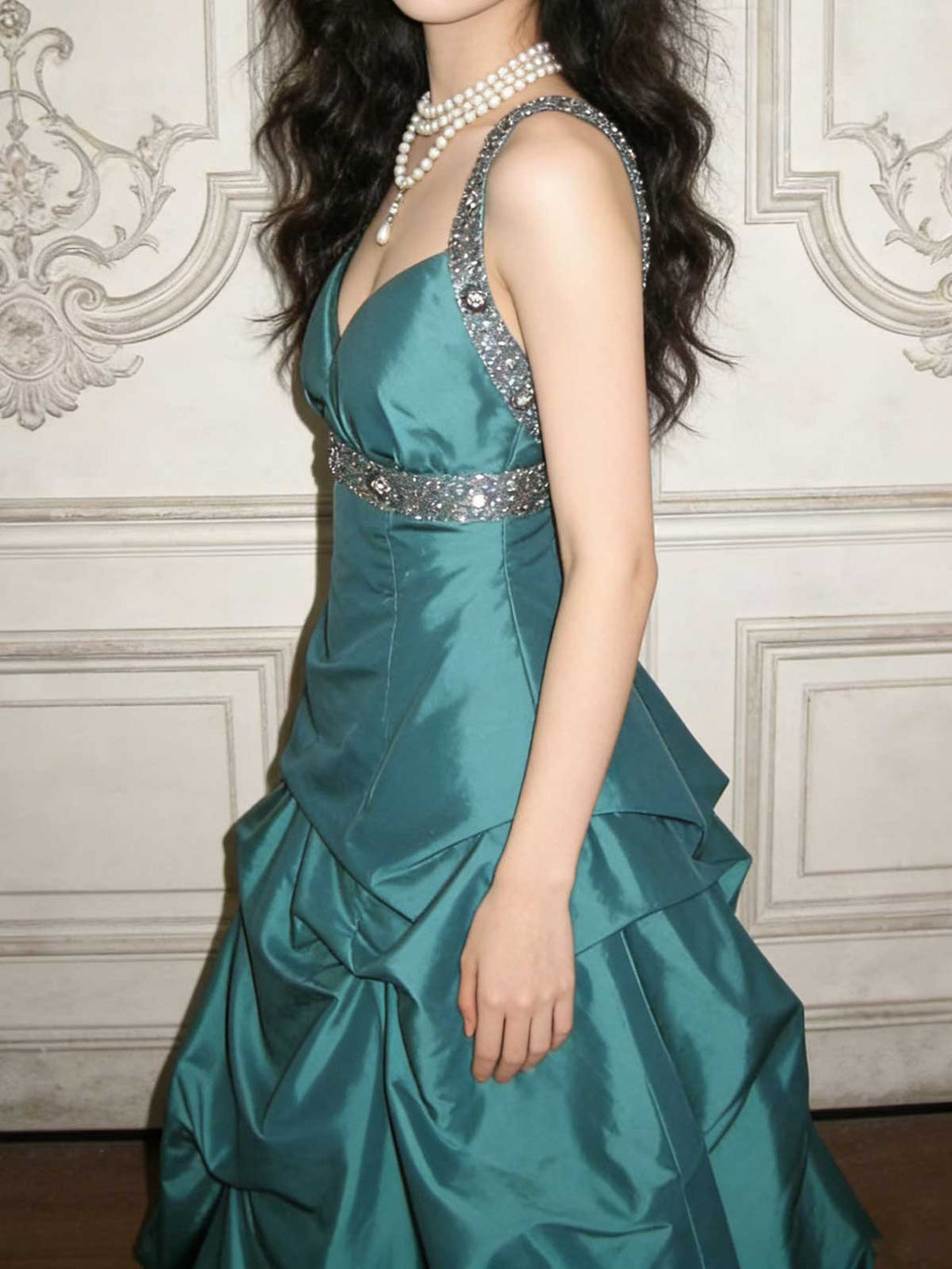 Teal Satin Beaded Ball Gown with V-Neck & Rhinestone Waistband