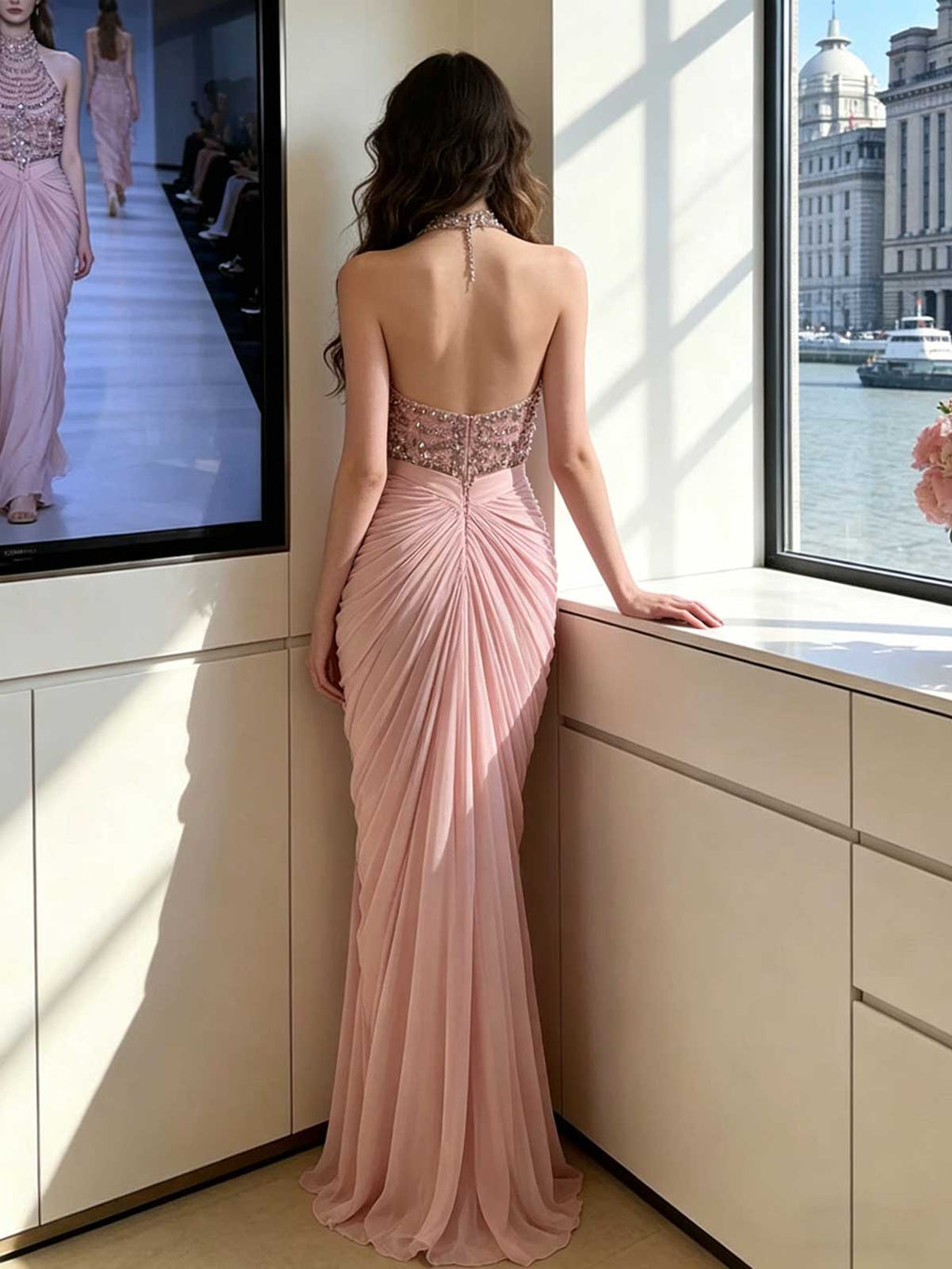 Blush Pink Beaded Halter Neck Ruched Satin Mermaid Evening Gown
