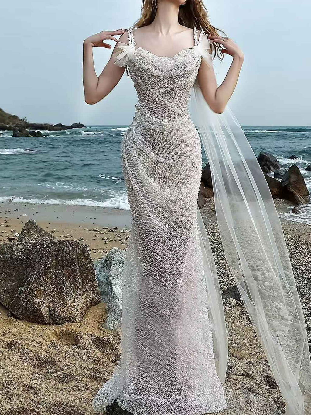 Stunning Beach Wedding Dress with Sequin & Pearl Detailing