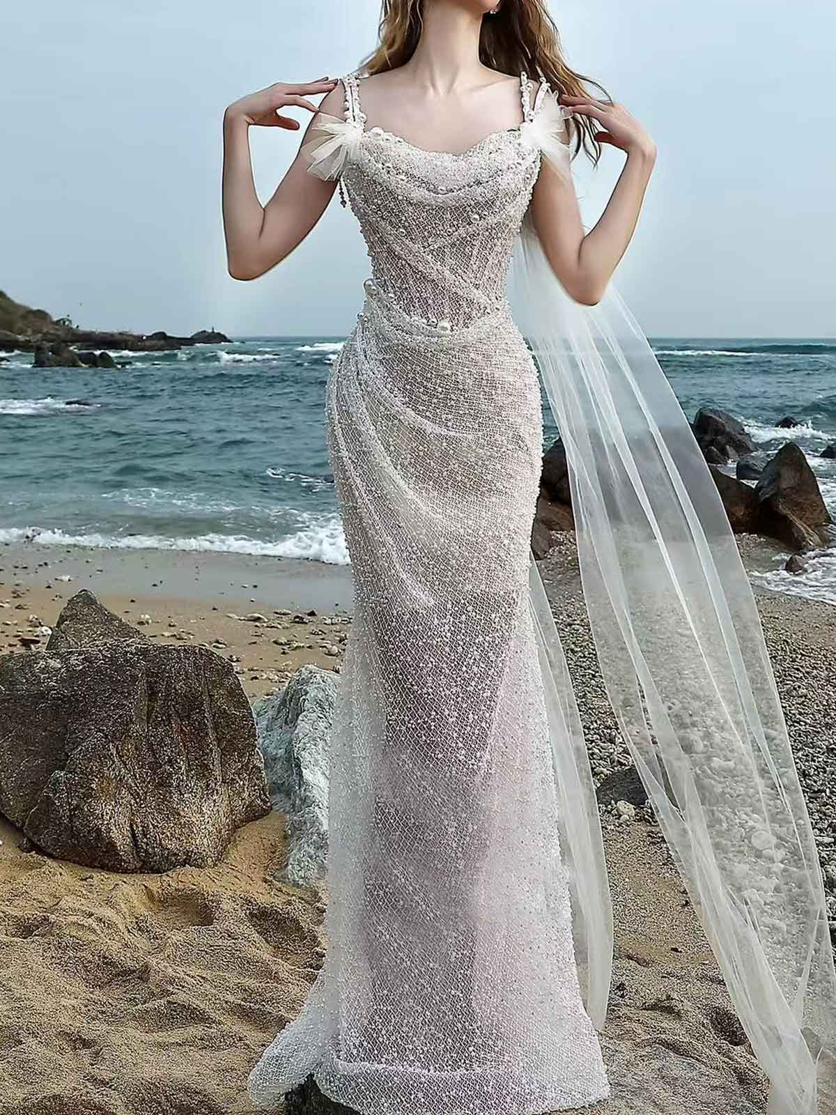 Stunning Beach Wedding Dress with Sequin & Pearl Detailing
