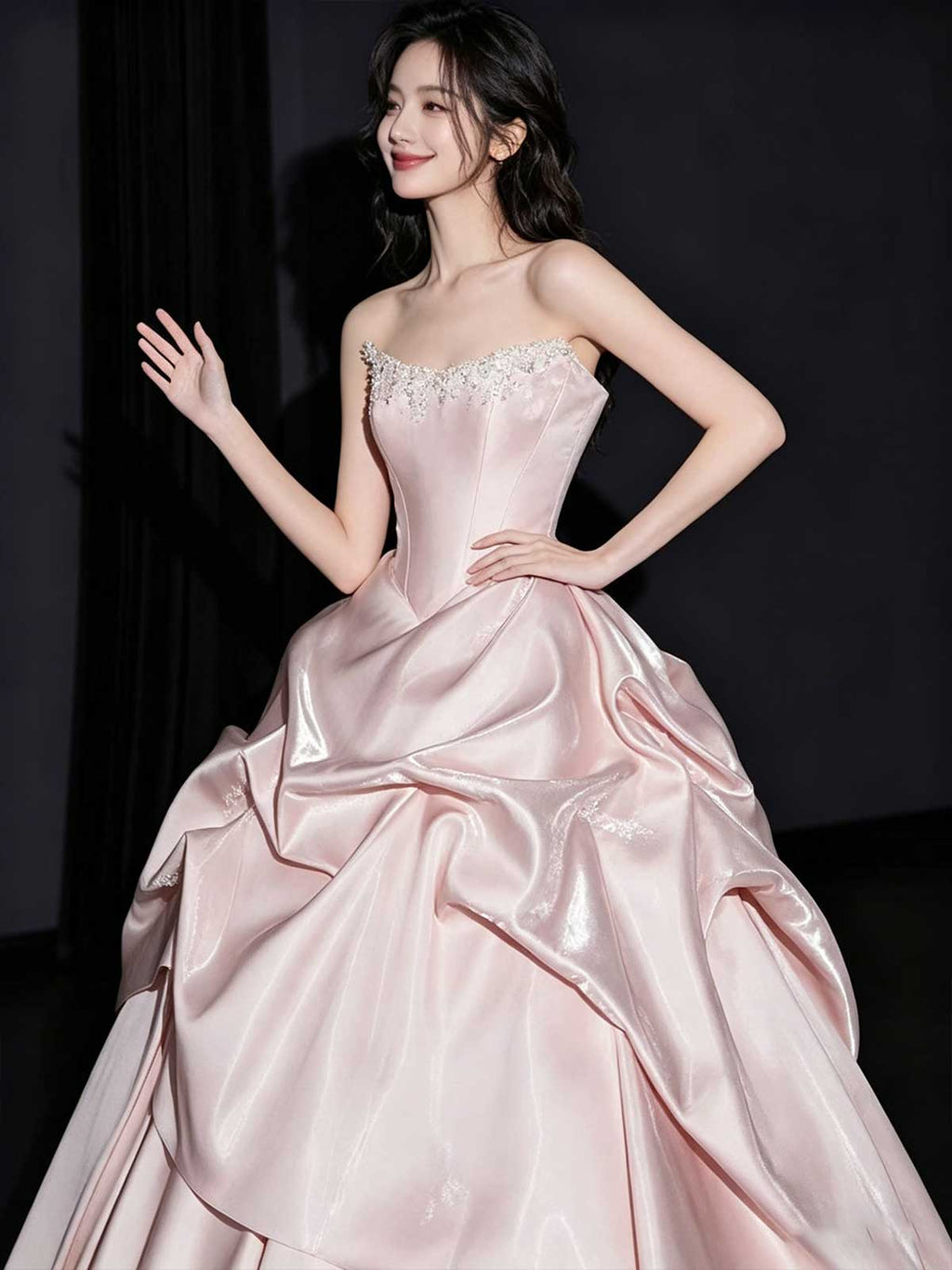 Light Pink Strapless Satin Ball Gown with Layered Skirt