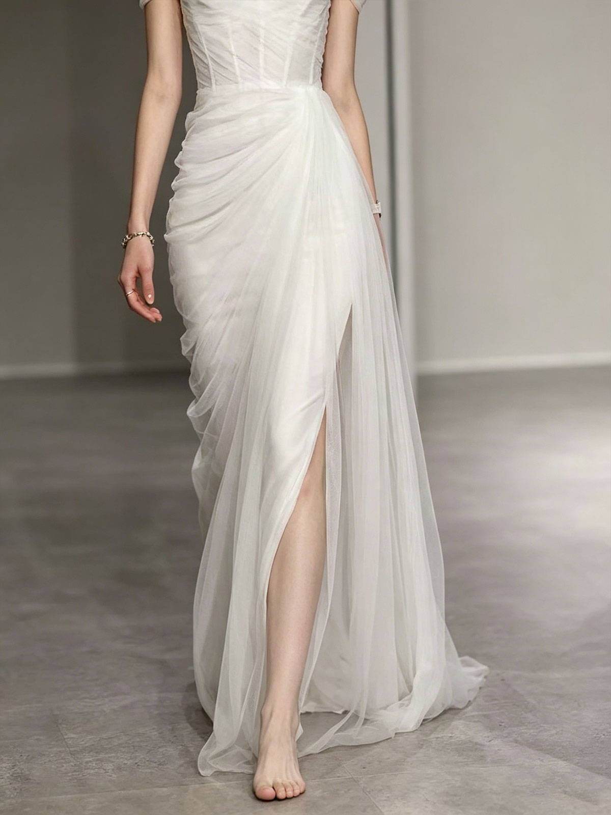 Ivory Off-the-Shoulder Tulle Wedding Dress with Draped Skirt & Slit