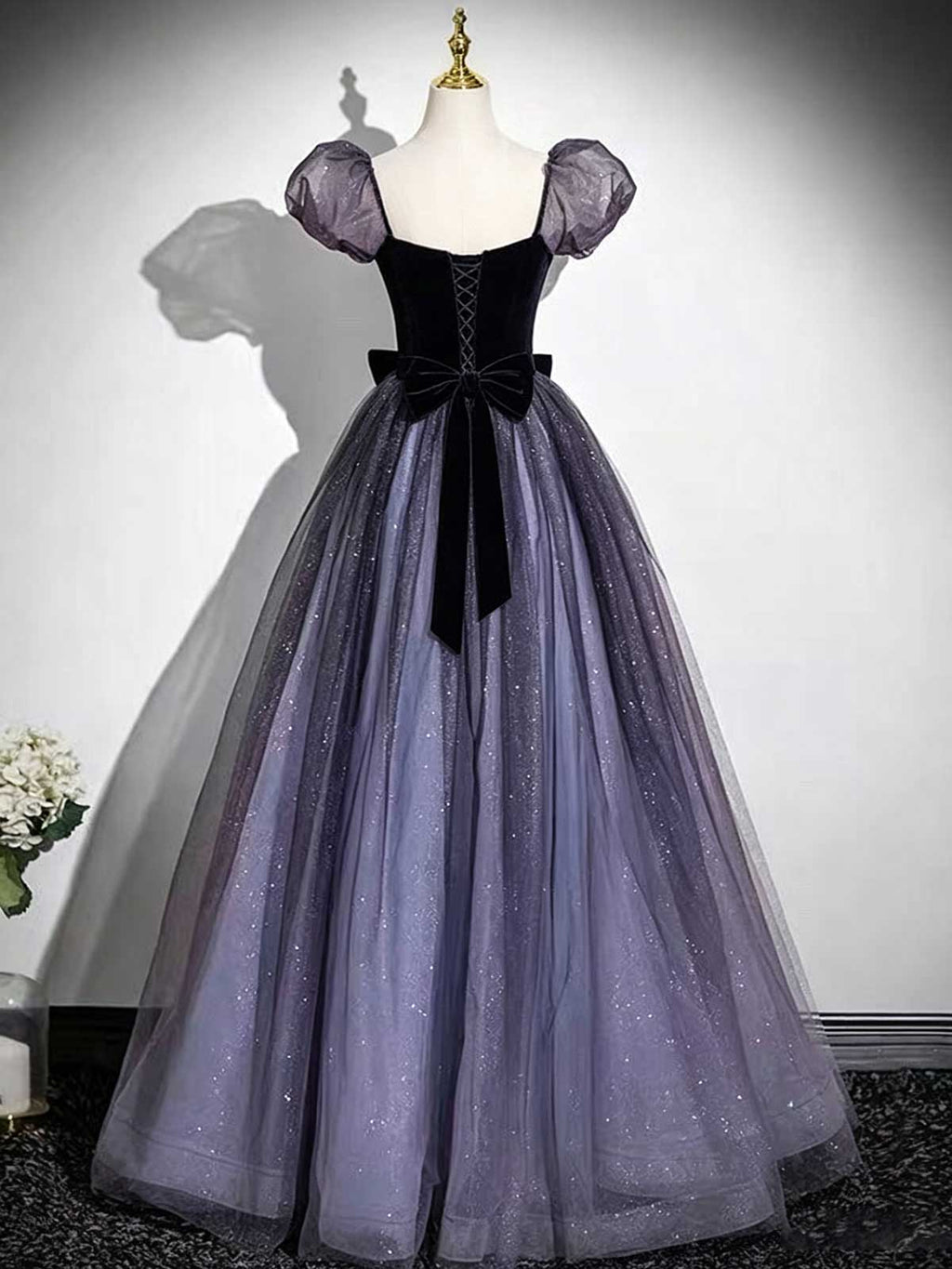Black Velvet & Purple Tulle Puff Sleeve Ball Gown with Sparkle Skirt