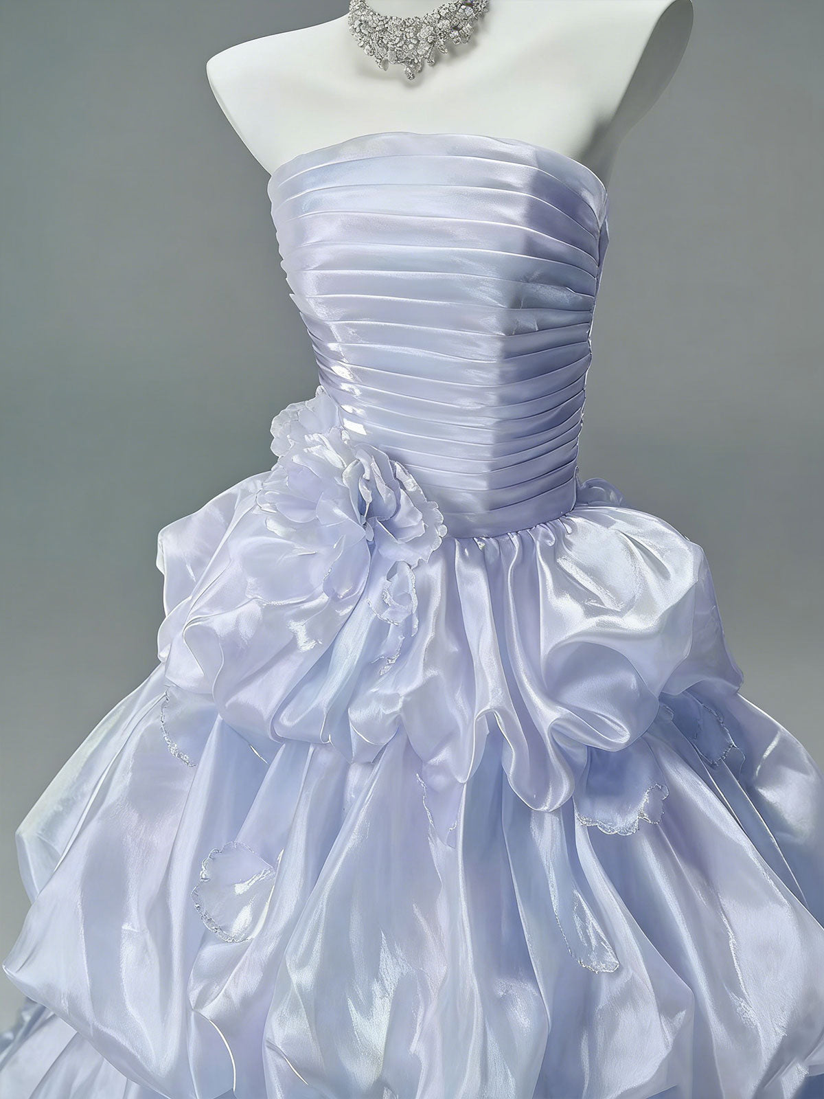 Lilac Iridescent Strapless Ruffle Tiered Ball Gown