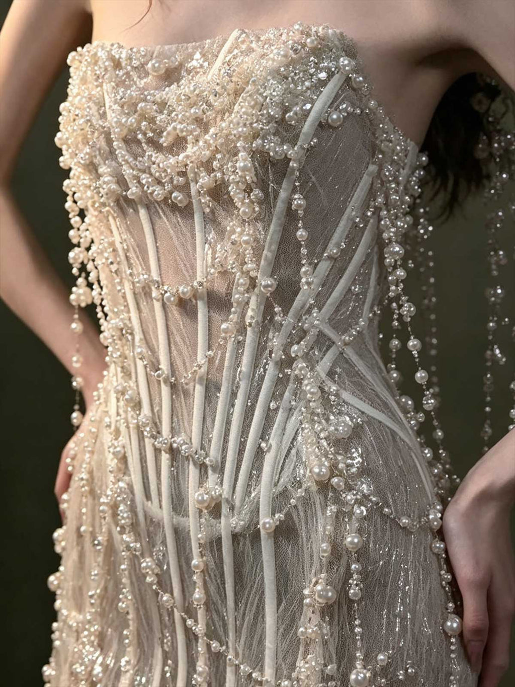 Pearl Beaded Fringe Strapless Sheath Mermaid Evening Gown