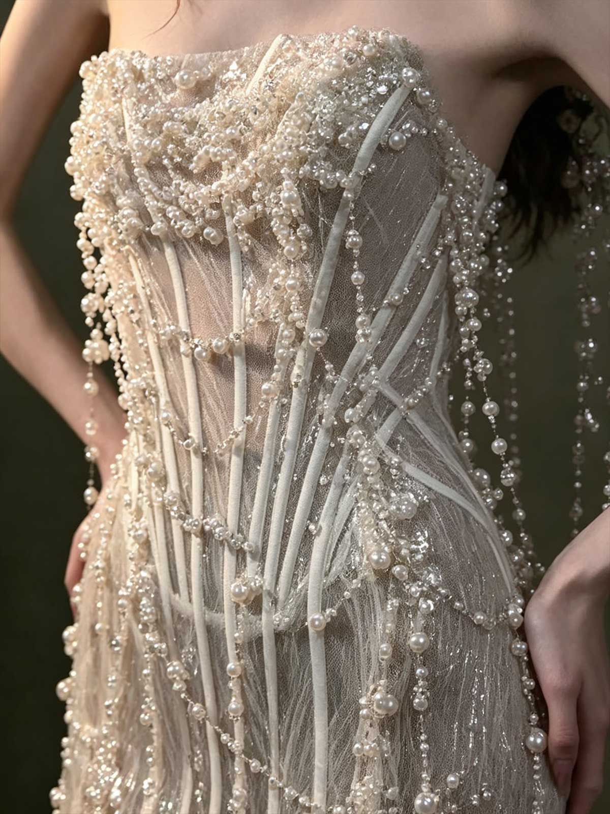 Pearl Beaded Fringe Strapless Sheath Mermaid Evening Gown