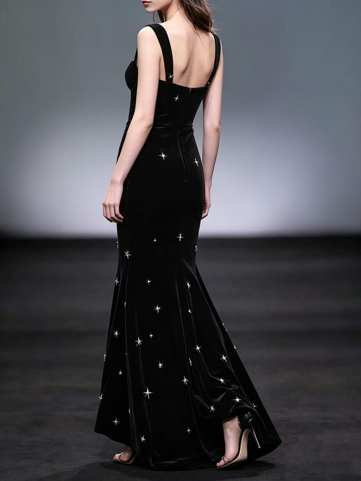 Black Velvet Spaghetti Strap Mermaid Evening Gown with Crystal Star Embellishments