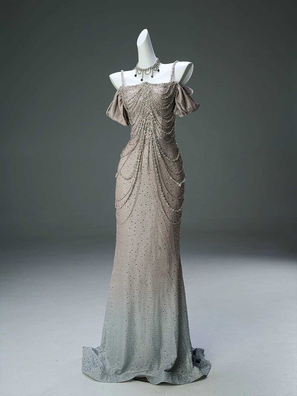 Ombre Beaded Mermaid Gown with Off-the-Shoulder Puff Sleeves & Crystal Chains