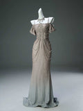 Ombre Beaded Mermaid Gown with Off-the-Shoulder Puff Sleeves & Crystal Chains