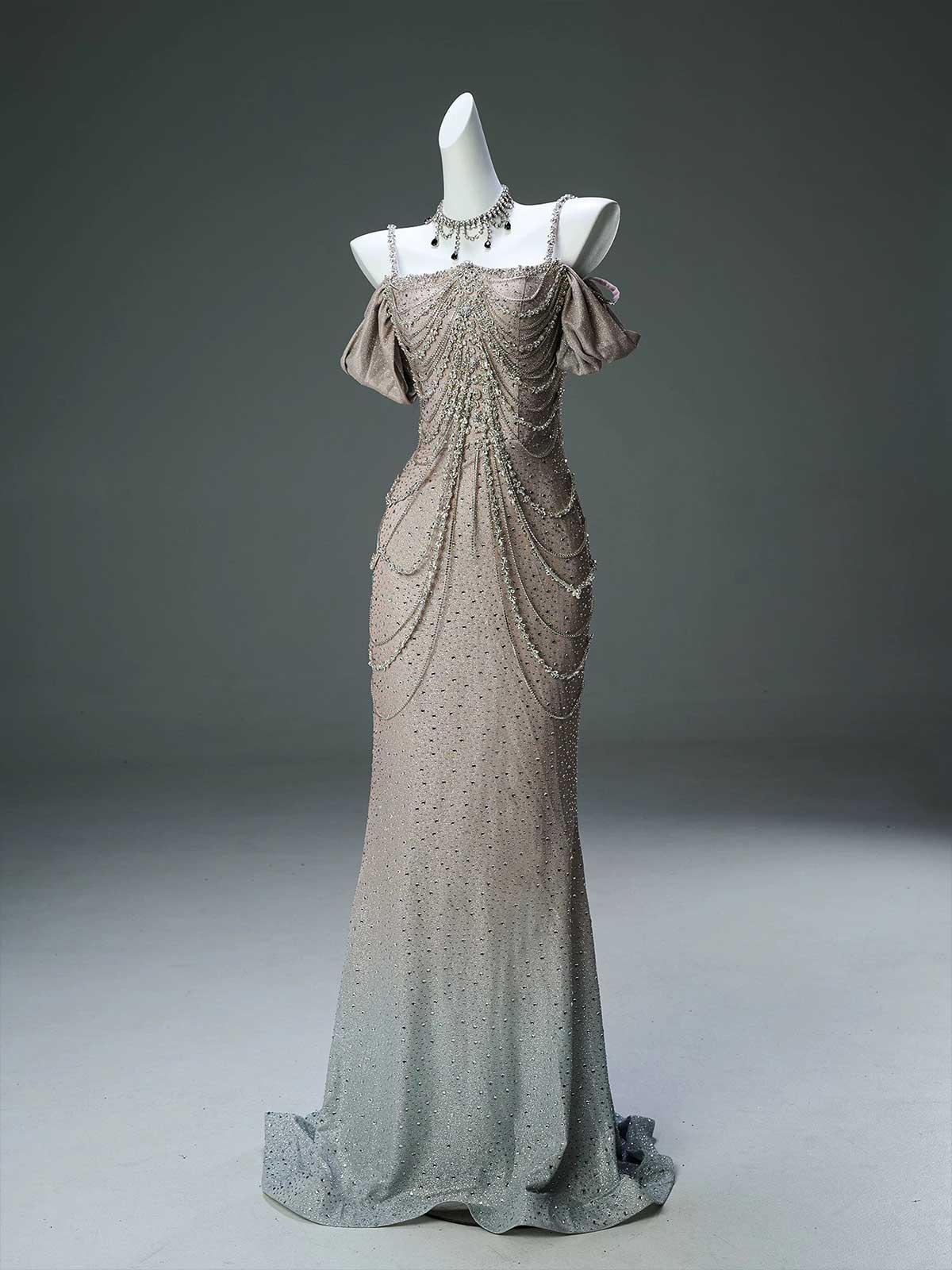 Ombre Beaded Mermaid Gown with Off-the-Shoulder Puff Sleeves & Crystal Chains