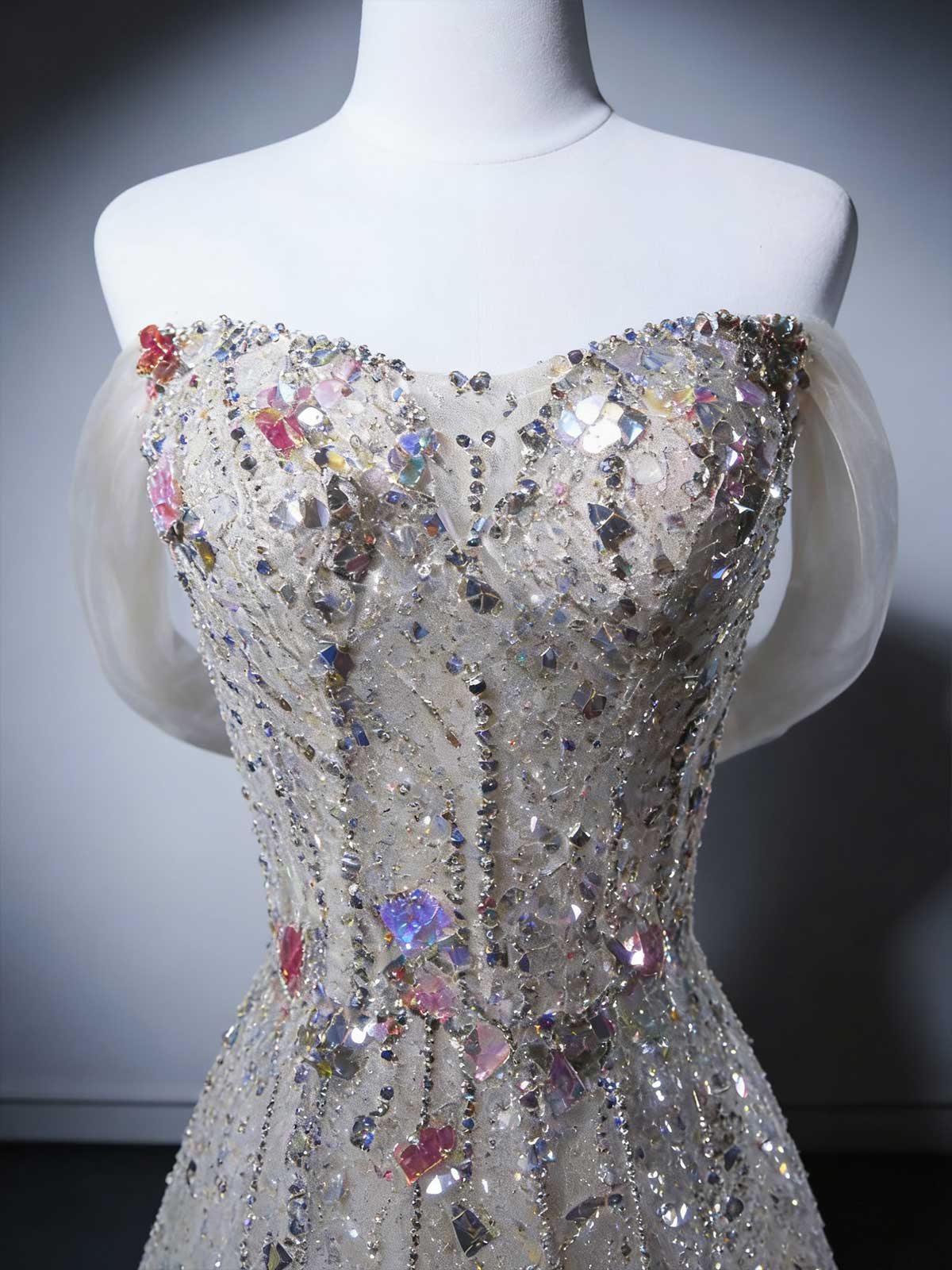 Champagne Gold Beaded Strapless A-Line Evening Gown with Floral Accents