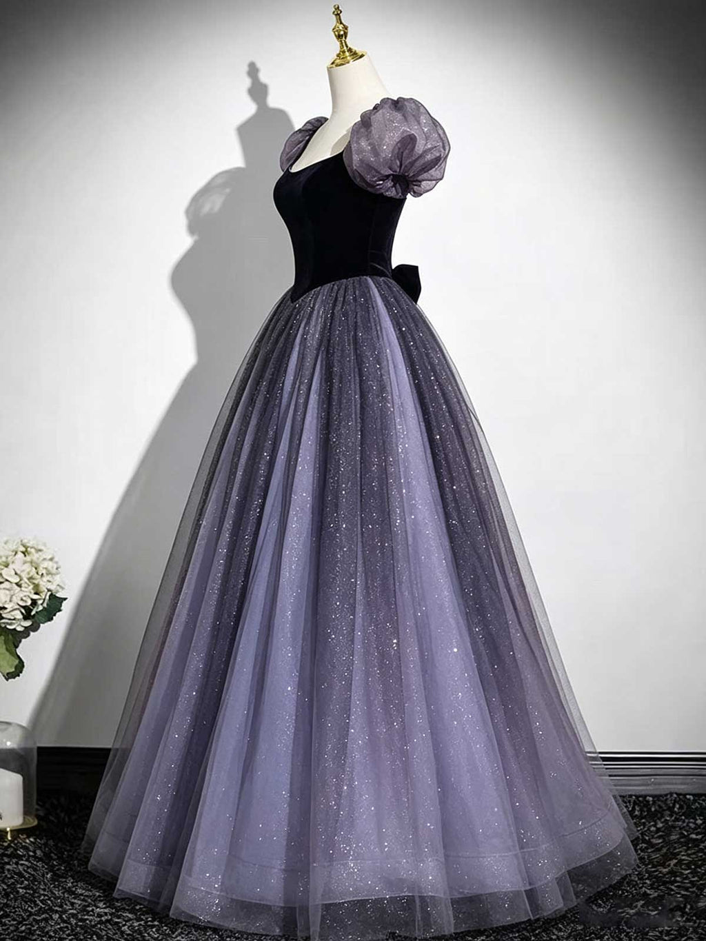 Black Velvet & Purple Tulle Puff Sleeve Ball Gown with Sparkle Skirt