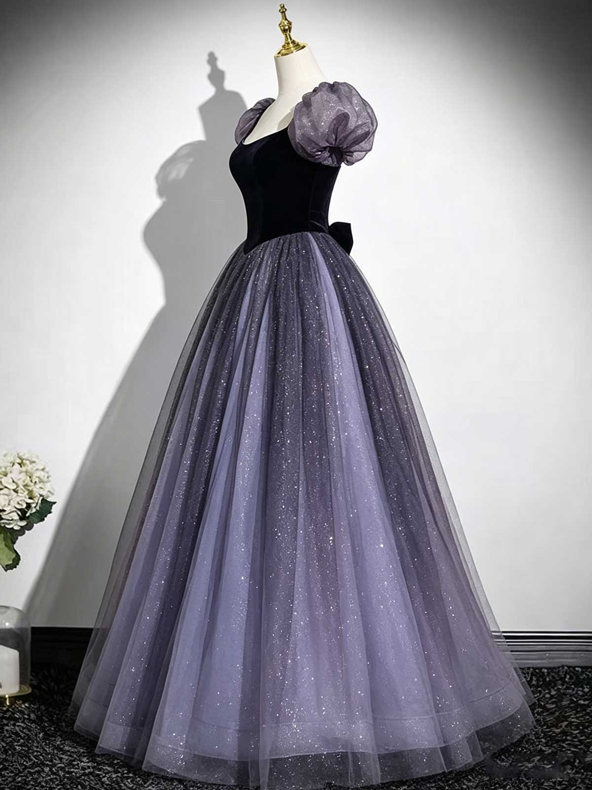 Black Velvet & Purple Tulle Puff Sleeve Ball Gown with Sparkle Skirt