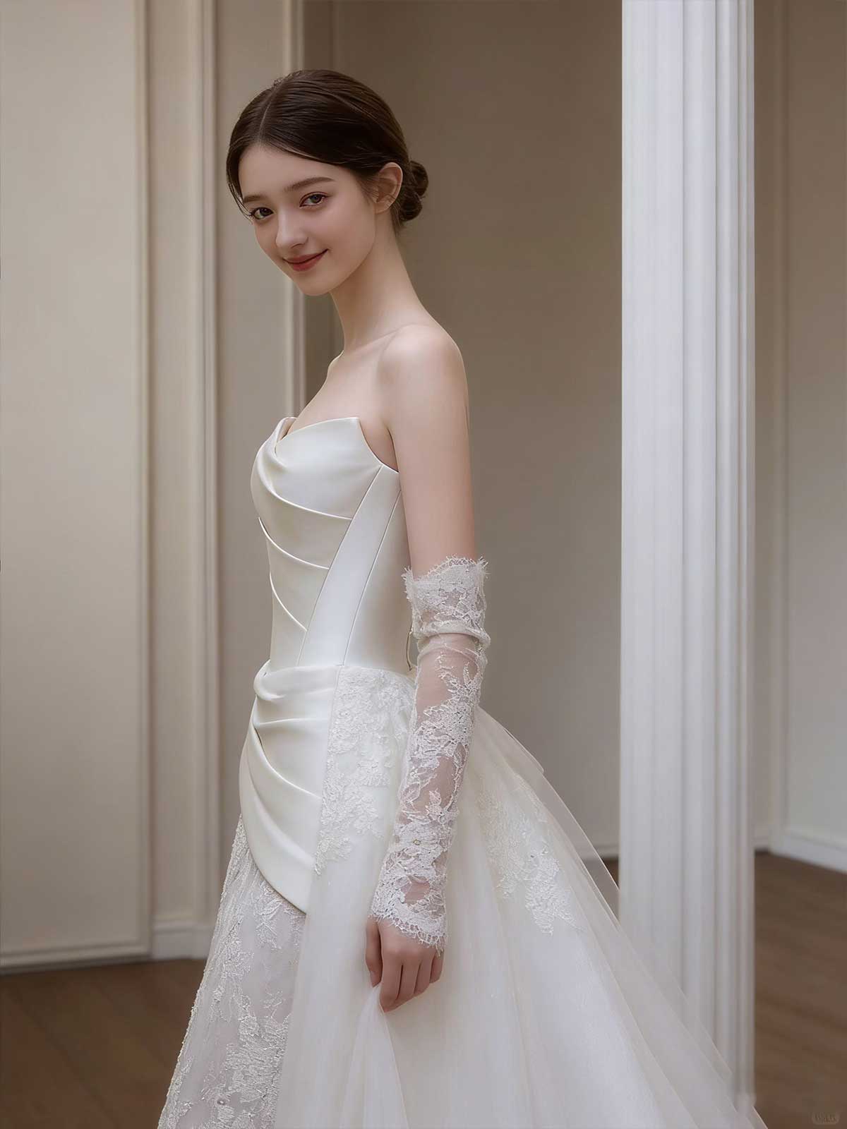 Detachable Train Satin Lace Mermaid Wedding Dress with Overskirt