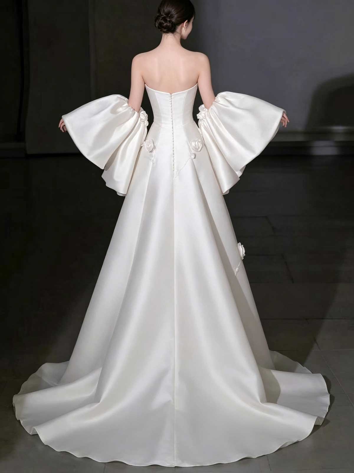 White Strapless Satin Wedding Dress with 3D Rose Appliqués and Detachable Sleeves