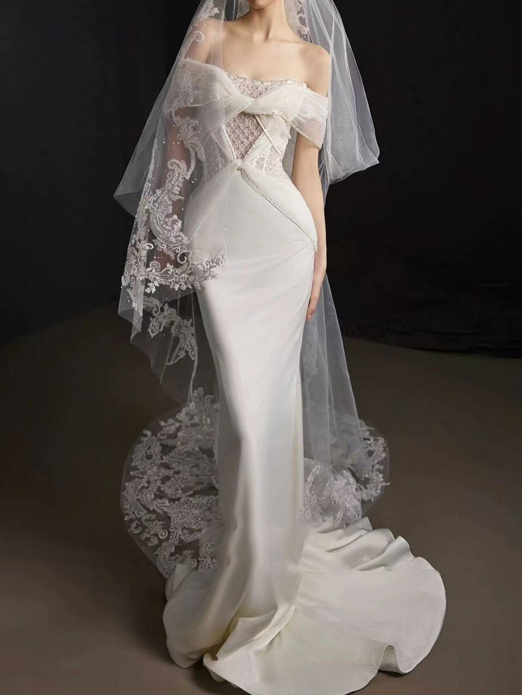 Gorgeous Off-Shoulder Satin Mermaid Wedding Dress with Lace