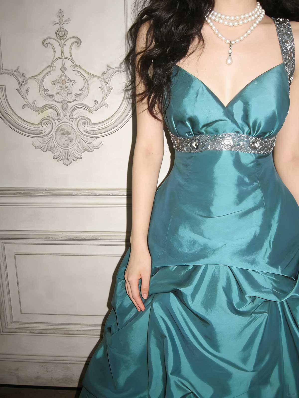 Teal Satin Beaded Ball Gown with V-Neck & Rhinestone Waistband