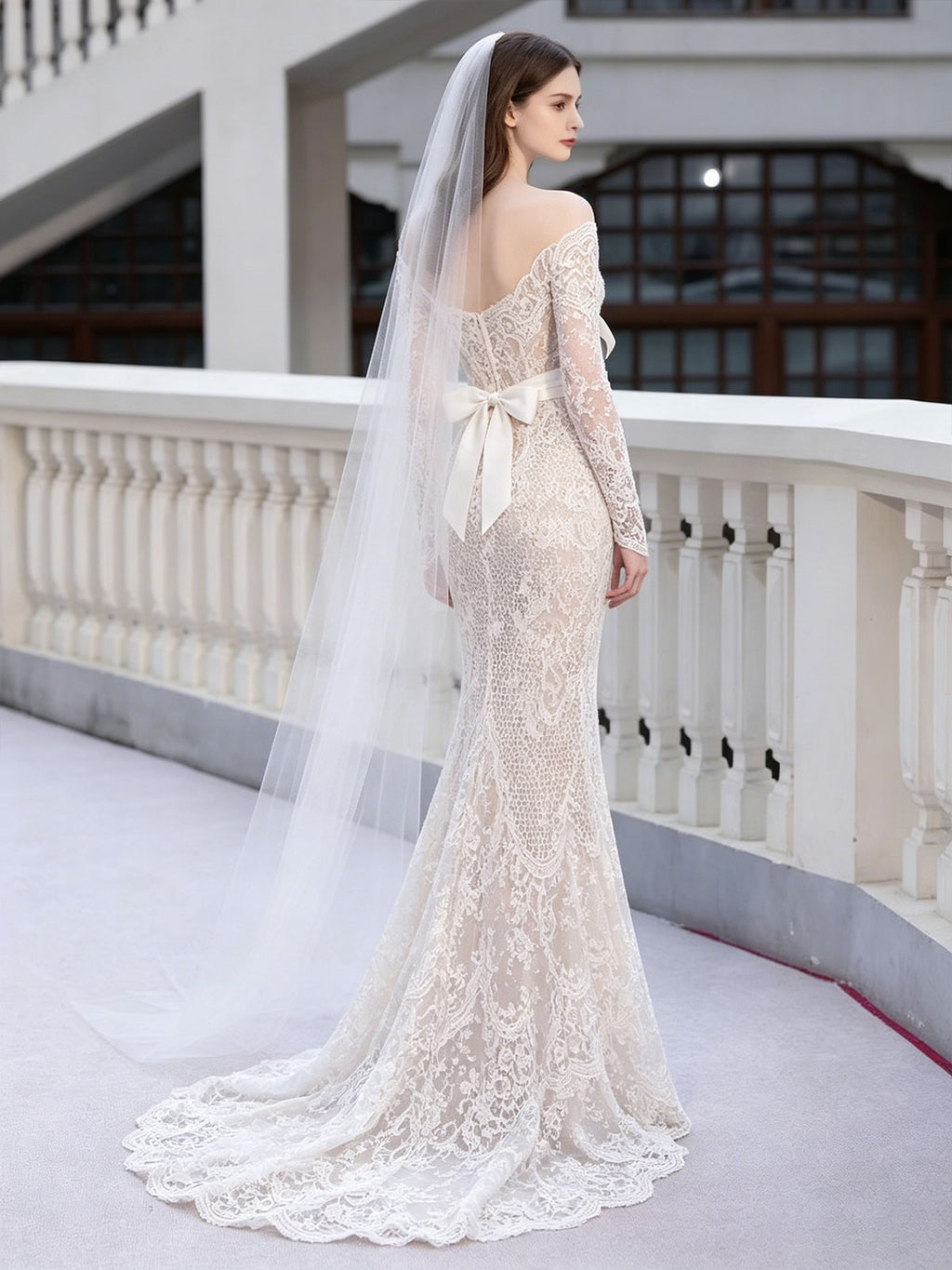 Off Shoulder Sheer Lace Long Sleeve Bow Mermaid Wedding Gown