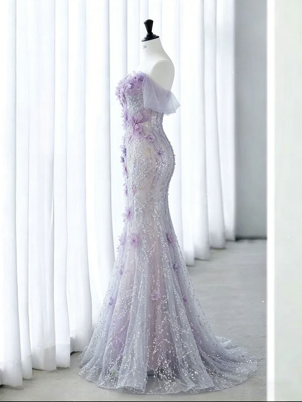Strapless 3D Floral Lavender Glitter Tulle Mermaid Evening Gown