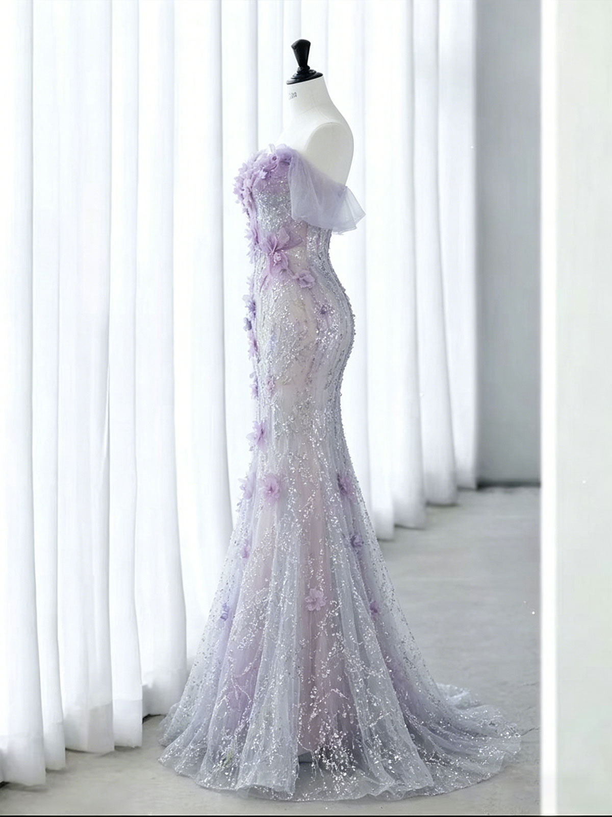 Strapless 3D Floral Lavender Glitter Tulle Mermaid Evening Gown