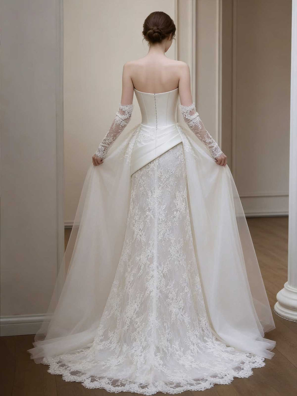 Detachable Train Satin Lace Mermaid Wedding Dress with Overskirt