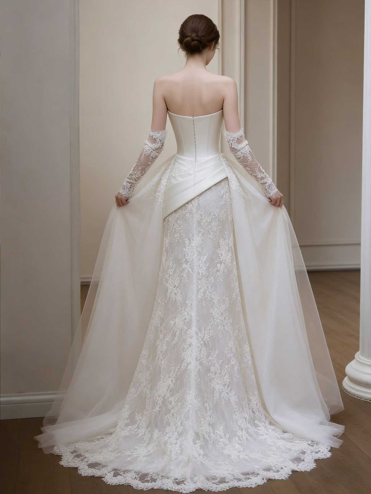 Detachable Train Satin Lace Mermaid Wedding Dress with Overskirt