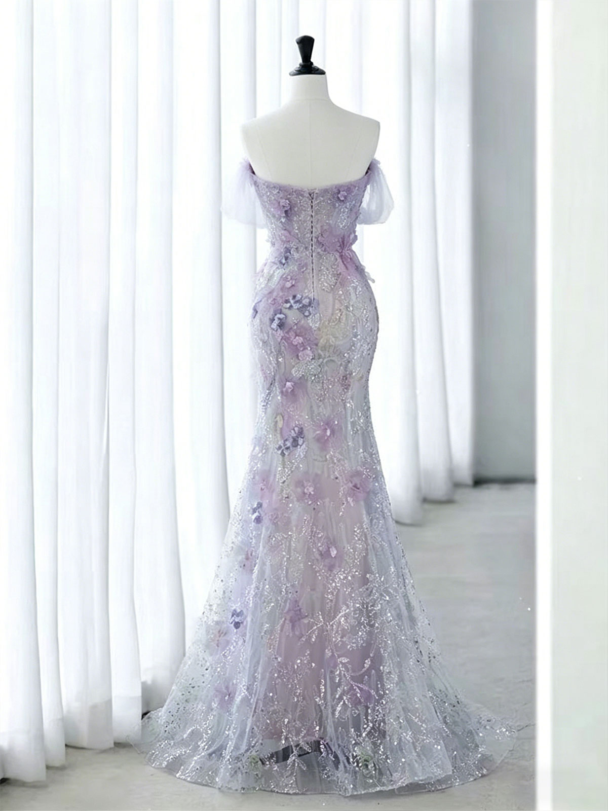Strapless 3D Floral Lavender Glitter Tulle Mermaid Evening Gown