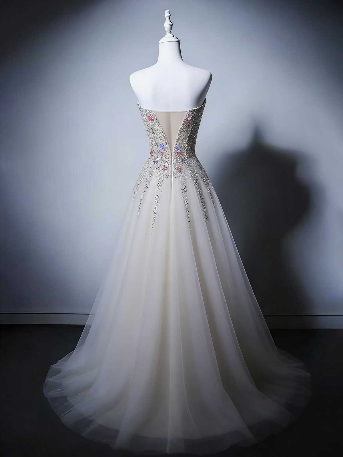 Champagne Gold Beaded Strapless A-Line Evening Gown with Floral Accents