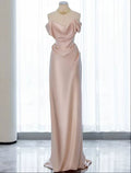Elegant Champagne Satin Off-Shoulder Evening Gown