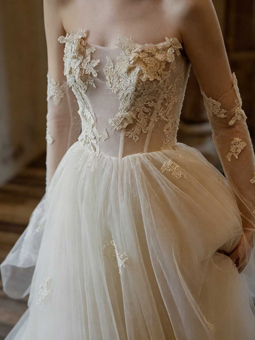 Ivory 3D Floral Applique Strapless Tulle A-Line Wedding Dress with Lace Gloves