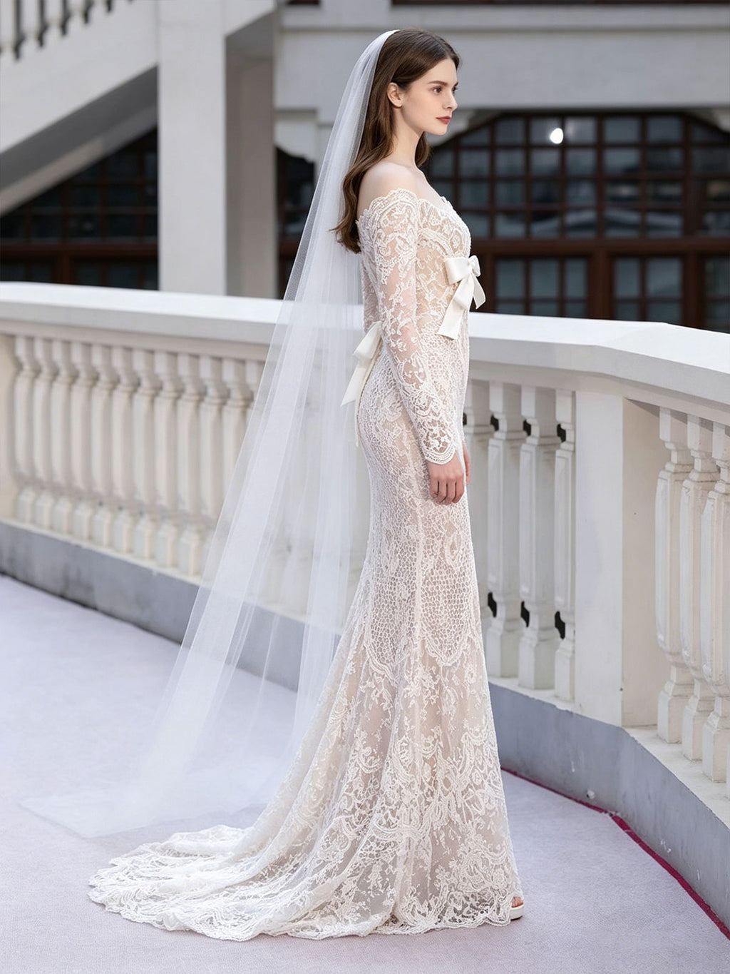 Off Shoulder Sheer Lace Long Sleeve Bow Mermaid Wedding Gown